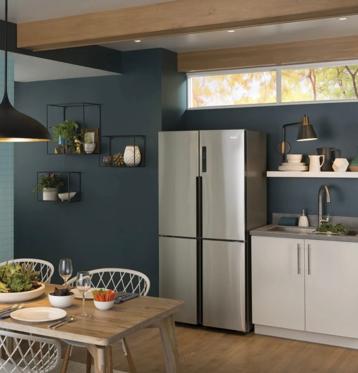 33 Inch Quad Door Counter Depth Refrigerator with 16.4 Cu. Ft. Capacity, Adjustable Shelves, Digital Controls, Humidity Controlled Drawer, Sabbath Mode QHE16HYPAFS