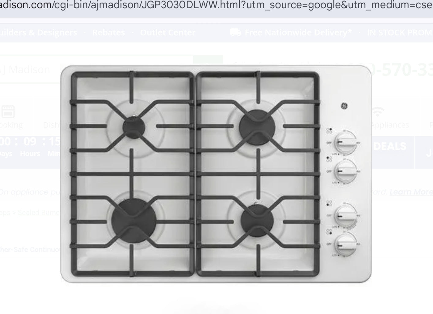 GE JGP3030DLWW 30 Inch Gas Cooktop with 4 Sealed Burners 8712636
