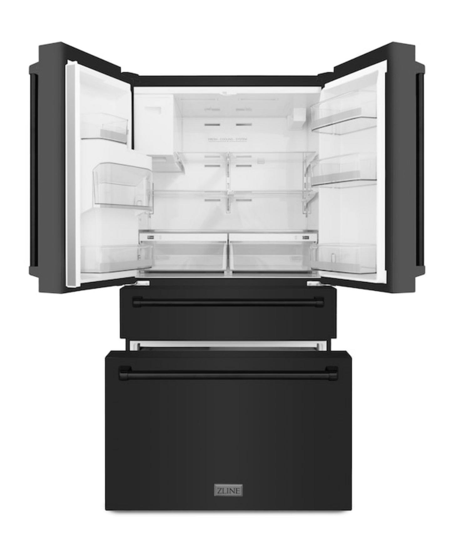 ZLINE KITCHEN & BATH Counter-depth 21.6-cu ft 4-Door French Door Refrigerator with Ice Maker and Water dispenser
(Fingerprint Resistant Black Stainless Steel) ENERGY STAR MODEL: RFM-W-36-BS