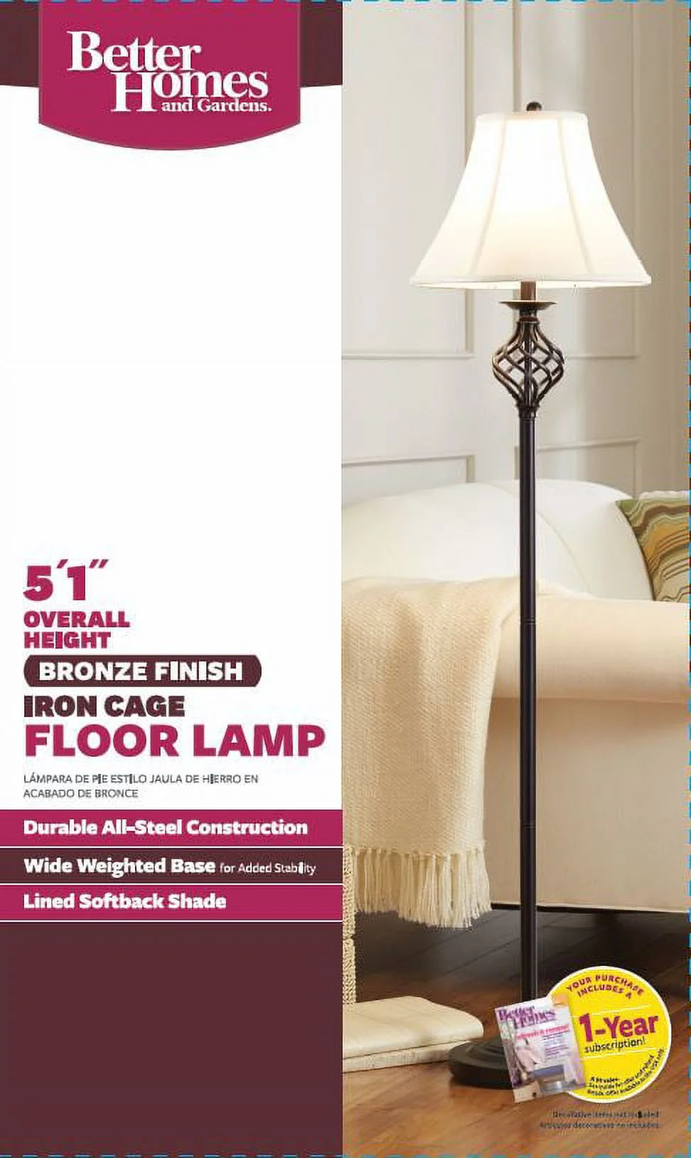 Better Homes & Gardens Wrought Iron Cage 61" Floor Lamp with Cream Fabric Bell Shade