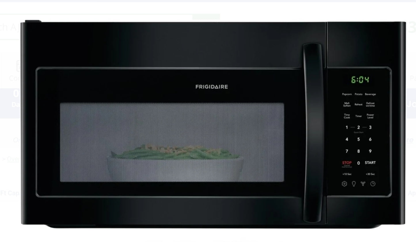 Frigidaire FFMV1846VB
30 Inch Over the Range Microwave with 1.8 Cu. Ft Capacity, 2 Speed 300 CFM Exhaust, Dishwasher Safe Filters, Digital Display, Timer, Cooktop Lighting, Convertible Ducting, and UL/cUL Approval: Black 765124017