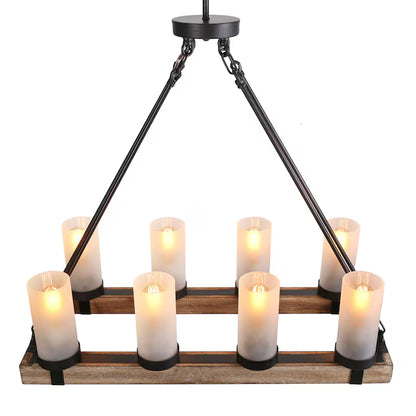 LNC A02988 | Laius 8 -Light Black and Distressed Wood Linear Farmhouse Frosted Glass Linear Large Hanging Kitchen Island Light