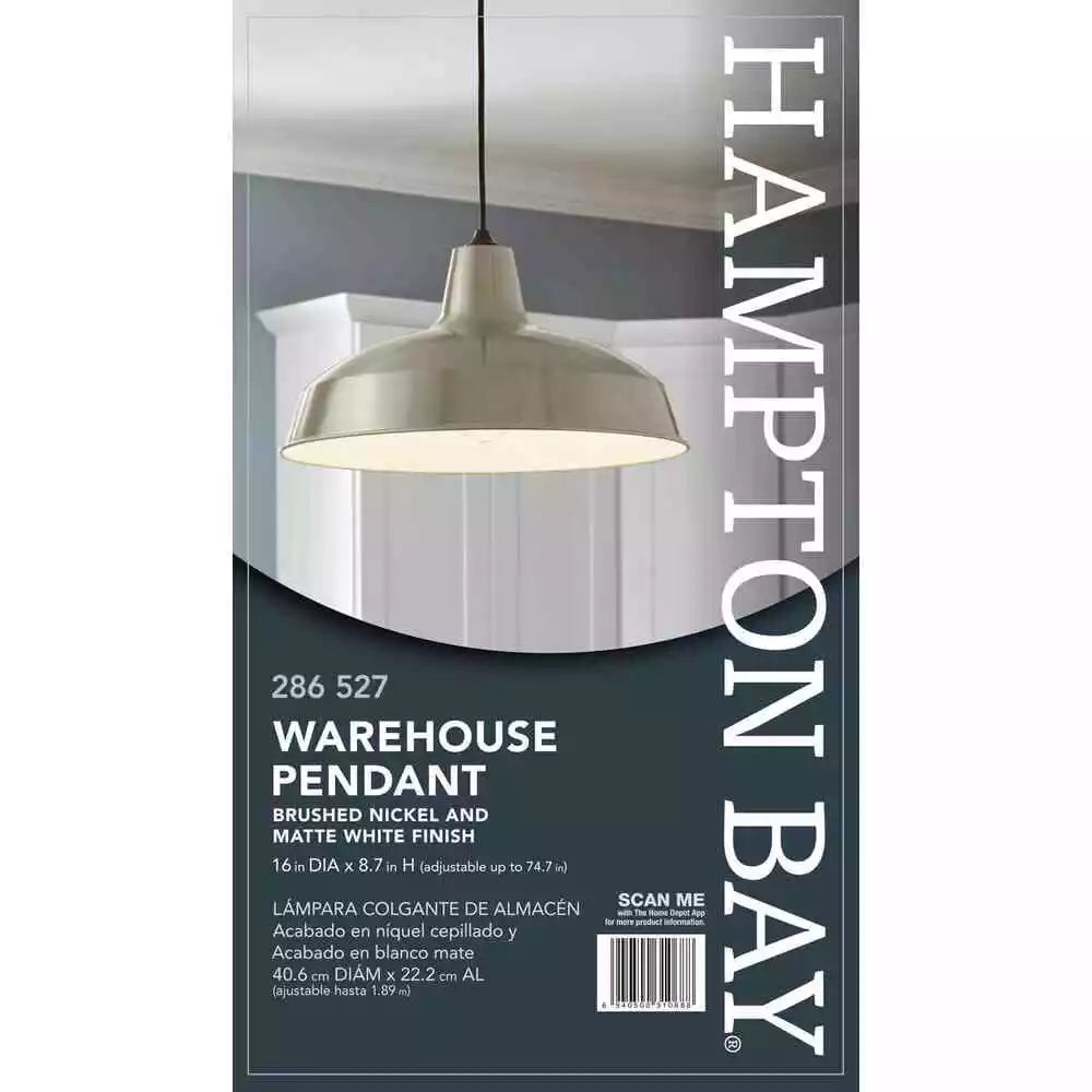 Hampton Bay 286 522 | 1-Light Brushed Nickel Rustic Steel Hanging Barn Light Warehouse Pendant