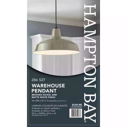 Hampton Bay 286 522 | 1-Light Brushed Nickel Rustic Steel Hanging Barn Light Warehouse Pendant