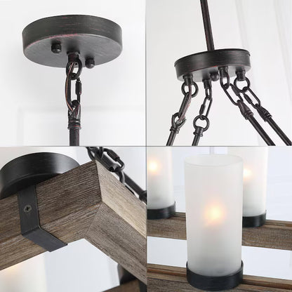 LNC A02988 | Laius 8 -Light Black and Distressed Wood Linear Farmhouse Frosted Glass Linear Large Hanging Kitchen Island Light