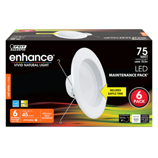Feit Electric LEDR56 | (6-PACK) Feit Electric Enhance 5-6 in. Trim LED 10.2W (75W Eq.) 925 Lumens 2700K White Recessed Light