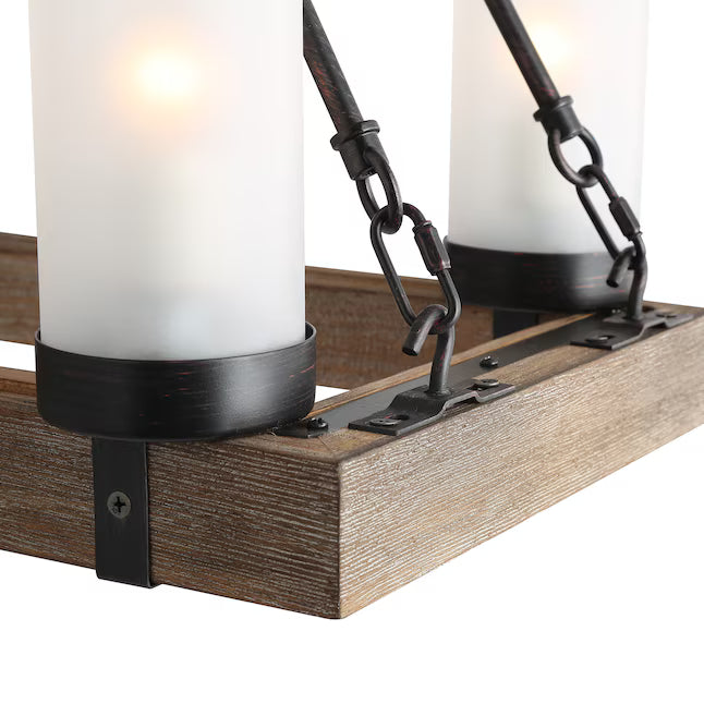 LNC A02988 | Laius 8 -Light Black and Distressed Wood Linear Farmhouse Frosted Glass Linear Large Hanging Kitchen Island Light
