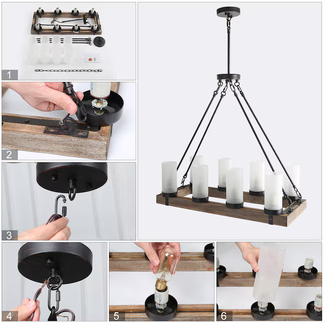 LNC A02988 | Laius 8 -Light Black and Distressed Wood Linear Farmhouse Frosted Glass Linear Large Hanging Kitchen Island Light