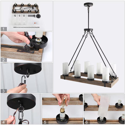 LNC A02988 | Laius 8 -Light Black and Distressed Wood Linear Farmhouse Frosted Glass Linear Large Hanging Kitchen Island Light