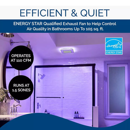 Broan-NuTone AERN110RGBL | ChromaComfort 110 CFM Ceiling Bathroom Exhaust Fan w/ Customizable Multi-Color LEDs and Smart Phone App