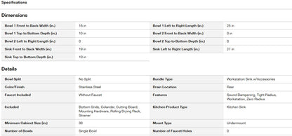 Glacier Bay 1004094255 | Zero Radius 27 in. Undermount Single Bowl 18 Gauge Stainless Steel Kitchen Sink with Accessories