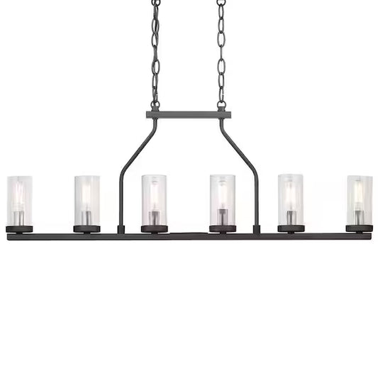 Progress Lighting 1002 910 734 | Hartwell 34 in. 6-Light Graphite Farmhouse Island Chandelier with Antique Nickel Accents and Clear Seeded Glass