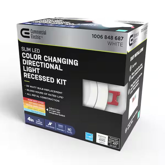 Commercial Electric 1006 848 687 | Ultra Directional Integrated LED 4 in Round Adj Color Temp Canless Recessed Light for Kitchen Bath Living rooms, White