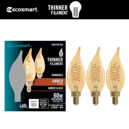 EcoSmart 1006 299 535 | (3-Pack) 60-Watt Equivalent BA11 Dimmable E12 Candelabra Fine Bendy Filament LED Vintage Edison Light Bulb Amber