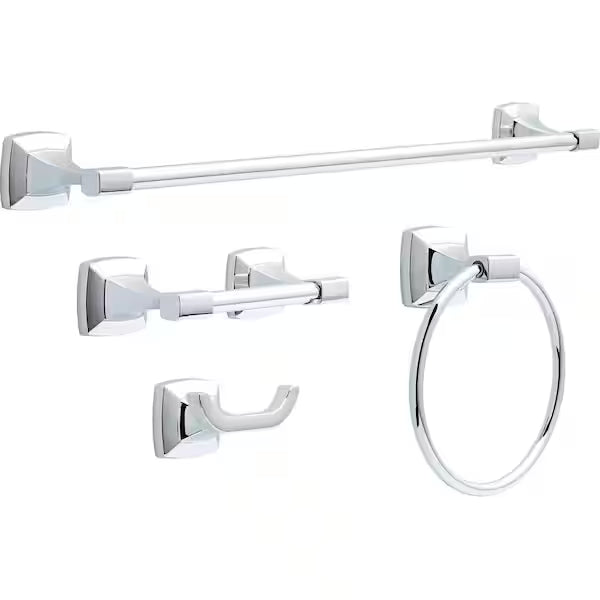 Delta PWD64-PC | Portwood 4-Piece Bath Hardware Set with 24 in. Towel Bar, Toilet Paper Holder, Towel Ring, Towel Hook in Polished Chrome