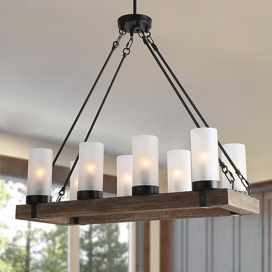 LNC A02988 | Laius 8 -Light Black and Distressed Wood Linear Farmhouse Frosted Glass Linear Large Hanging Kitchen Island Light
