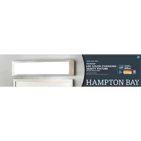 Hampton Bay 1006 424 029 | Woodbury 24.6 in. 1-Light Brushed Nickel Integrated LED Bathroom Vanity Light Bar with Frosted Acrylic Shade