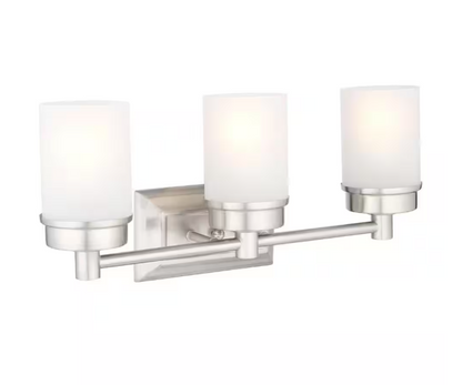 Hampton Bay 1001 220 862 | Cade 20.25 in. 3-Light Brushed Nickel Bathroom Vanity Light Fixture with Frosted Glass Shades