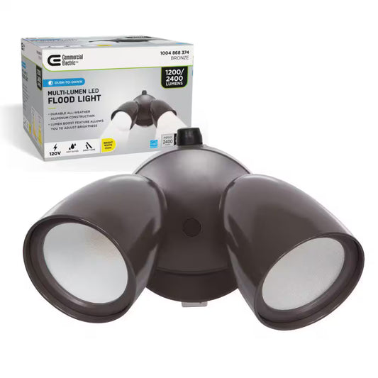 Commercial Electric 1004 868 374 | Dusk to Dawn Sensor Bronze Exterior Outdoor Twin Head LED Flood Light Security 1200 to 2400 Lumens 4000K Wet Rated