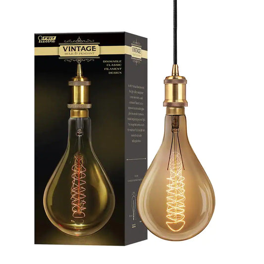 Feit Electric 304247838 | 4-Light Brass Hardwire Pendant Fixture W/ PS52 Dimmable Oversized Amber Glass E26 Vintage Edison Incandescent Light Bulb