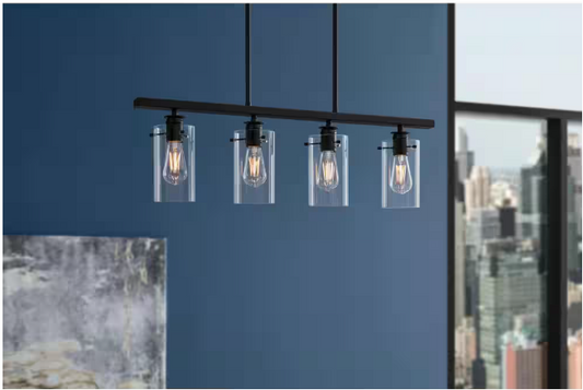 Hampton Bay 1006 322 810 | Regan 4-Light Matte Black Island Chandelier with Clear Glass Shades, Industrial Linear Kitchen Pendant Light