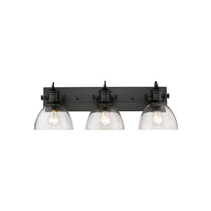 Golden Lighting 3118-BA3 BLK-SD | Hines 3 Light 25 inch Matte Black Bath Vanity Wall Light in Seeded Glass