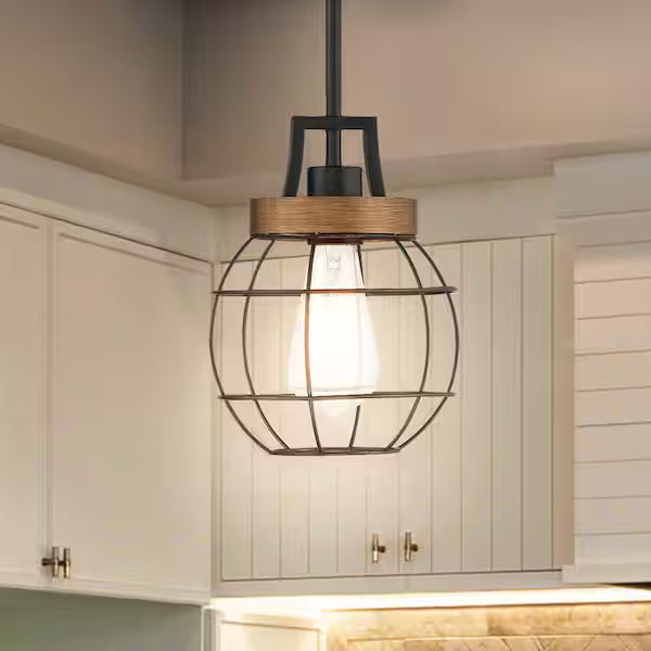 Easy Lite 39061-HBT | 1-Light Matte Black with Faux Wood Pendant
