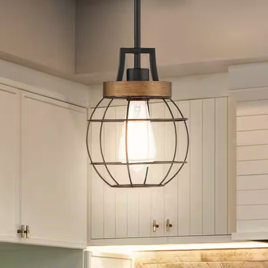 Easy Lite 39061-HBT | 1-Light Matte Black with Faux Wood Pendant
