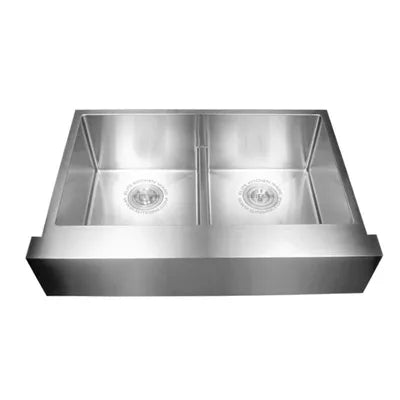33"x22"x9"/6-1/2" - Brushed 304 Straight Apron Front Low Divider Double Bowl Farmhouse Sink | AF3322FD