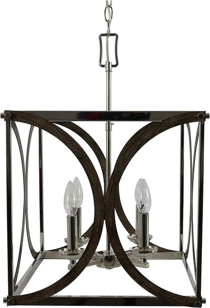 Decor Therapy CH1972 | Leith 4-Light Polished Nickel and Wood Modern/Contemporary Square Hanging Pendant Light
