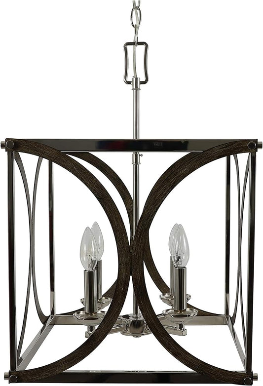 Decor Therapy CH1972 | Leith 4-Light Polished Nickel and Wood Modern/Contemporary Square Hanging Pendant Light