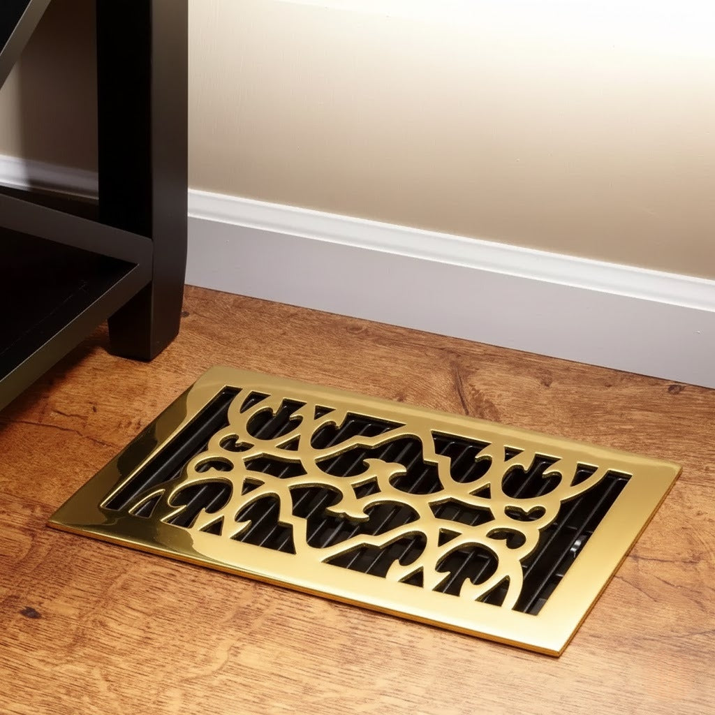 Signature Hardware A-414-PD | 4 x 14" Traditional Brass Floor Register in Polished Brass (5-1/2 x 15-5/8" Overall)