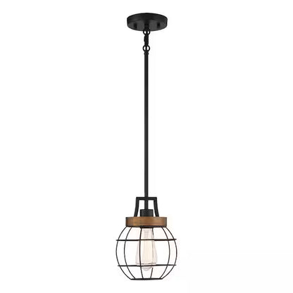 Easy Lite 39061-HBT | 1-Light Matte Black with Faux Wood Pendant