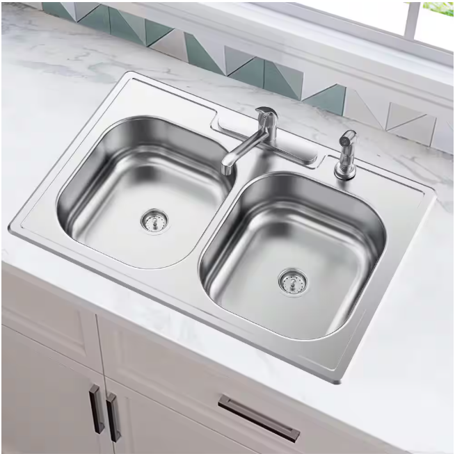 Glacier Bay 755 731 | 33 in. Drop-In 50/50 Double Bowl 22 Gauge Stainless Steel Kitchen Sink