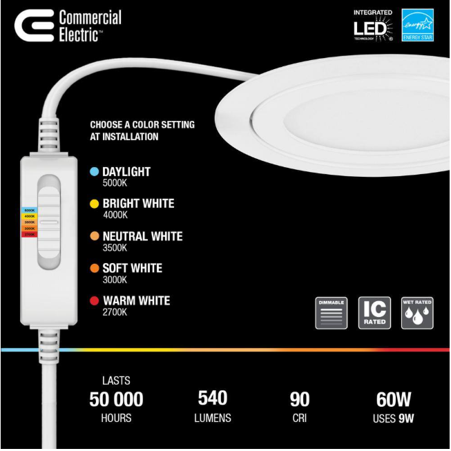 Commercial Electric 1004 655 273 | Slim Directional Integrated LED 4 in Round Adj Color Temp Canless Recessed Light