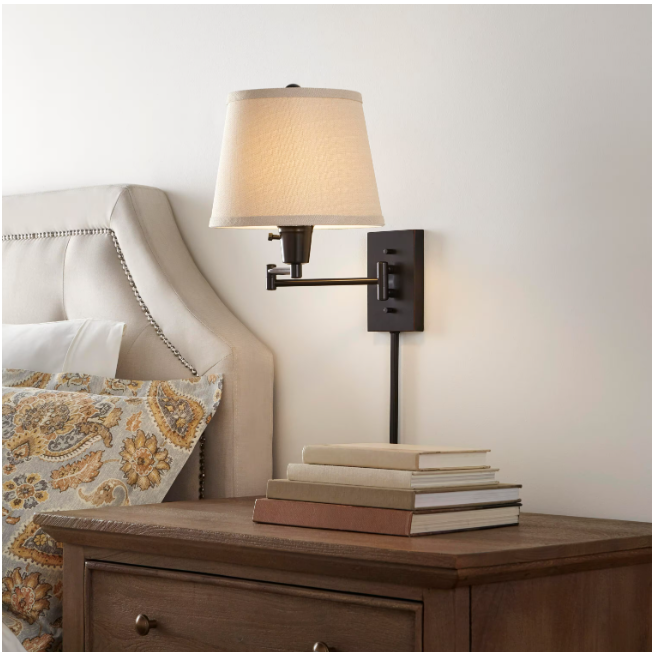 Hampton Bay 1002 453 587 | Ellsworth 1-Light Oil Rubbed Bronze Swing Arm Plug-In Wall Lamp with Fabric Shade 227