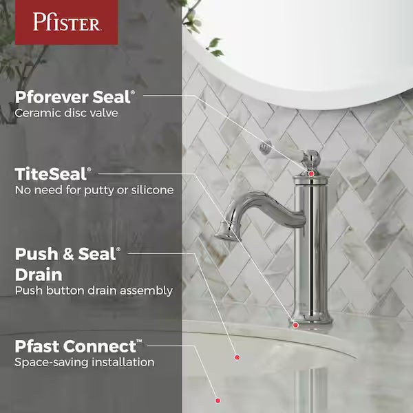 Pfister LF-042-COCC | Courant Single-Handle Single Hole Bathroom Faucet with Deckplate and Drain Kit in Polished Chrome with Porcelain Handle