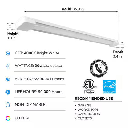 Commercial Electric 1003 235 453 | 3 ft. 30-Watt 4000K Bright White 1-Light 3000 Lumens White Integrated LED Hanging Shop Light Fixture with Power Cord