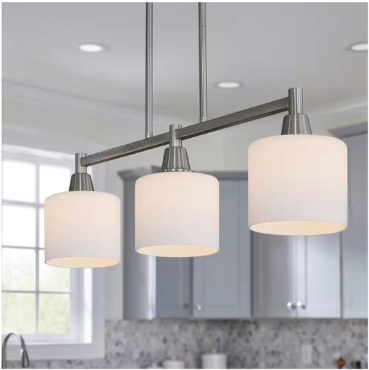 Hampton Bay 1000 014 949 | Oron 3-Light Brushed Steel Island Light with White Glass Shade