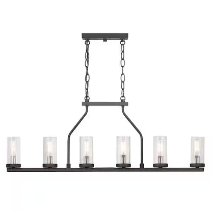 Progress Lighting 1002 910 734 | Hartwell 34 in. 6-Light Graphite Farmhouse Island Chandelier with Antique Nickel Accents and Clear Seeded Glass