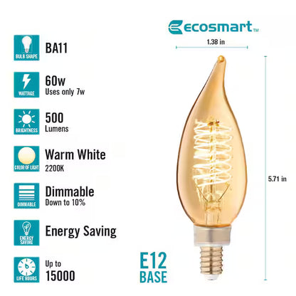EcoSmart 1006 299 535 | (3-Pack) 60-Watt Equivalent BA11 Dimmable E12 Candelabra Fine Bendy Filament LED Vintage Edison Light Bulb Amber