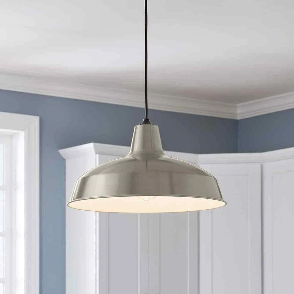 Hampton Bay 286 522 | 1-Light Brushed Nickel Rustic Steel Hanging Barn Light Warehouse Pendant