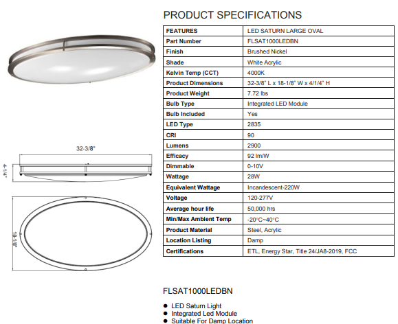 Miseno FLSAT1000LEDBN | LED Large Oval Flush Mount Ceiling Fixture in Brushed Nickel