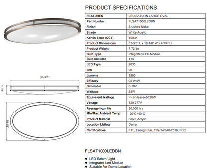Miseno FLSAT1000LEDBN | LED Large Oval Flush Mount Ceiling Fixture in Brushed Nickel