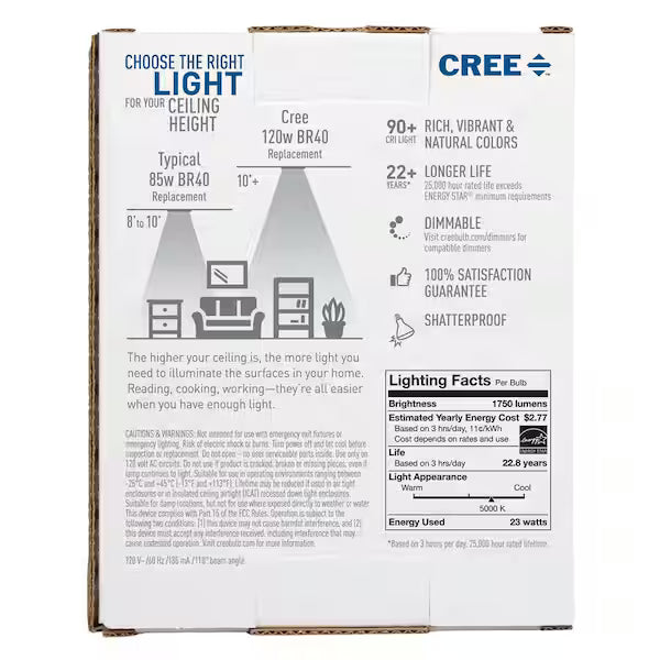 Cree | 120W Equivalent Daylight (5000K) BR40 Dimmable Exceptional Light Quality LED Light Bulb