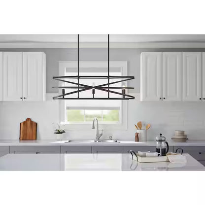 Home Decorators Collection | Sarolta Sands 6-Light Black Kitchen Island Pendant Light Fixture with Linear Metal Shade