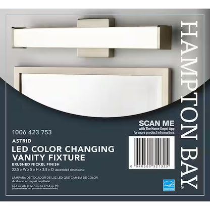 Hampton Bay 1006 423 753 | Astrid 24 in. Brushed Nickel 5-CCT LED Bathroom Vanity Light Bar with Frosted Glass