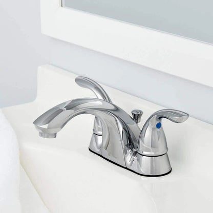 Glacier Bay 505 838 | Builders 4 in. Centerset Double Handle Low-Arc Bathroom Faucet in Chrome
