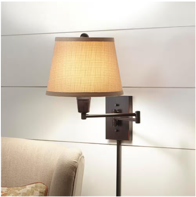 Hampton Bay 1002 453 587 | Ellsworth 1-Light Oil Rubbed Bronze Swing Arm Plug-In Wall Lamp with Fabric Shade 227
