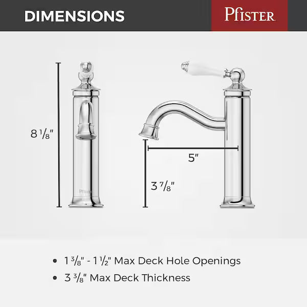 Pfister LF-042-COCC | Courant Single-Handle Single Hole Bathroom Faucet with Deckplate and Drain Kit in Polished Chrome with Porcelain Handle